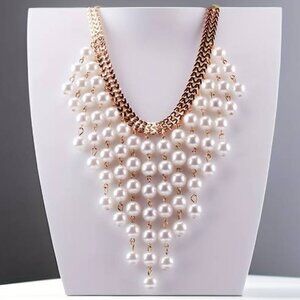 Dangling Pearl & Chain Tassel Fringe Bib Statement Necklace 17”